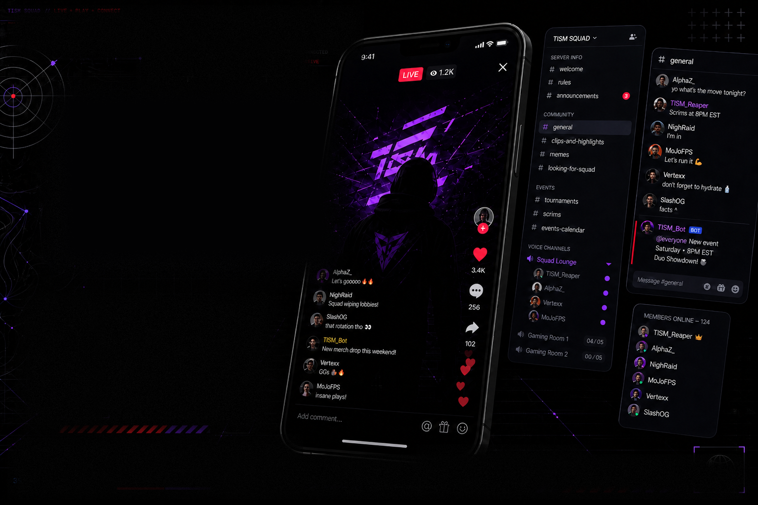 TikTok LIVE phone stream beside Discord chat and voice panels